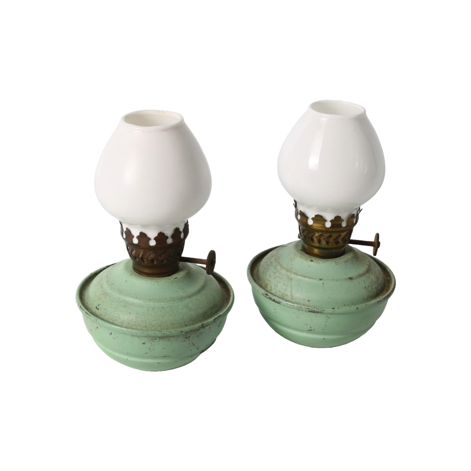 Vintage English Oil Lamp Set – Green Metal Kerosene Lamps with Brass Burner