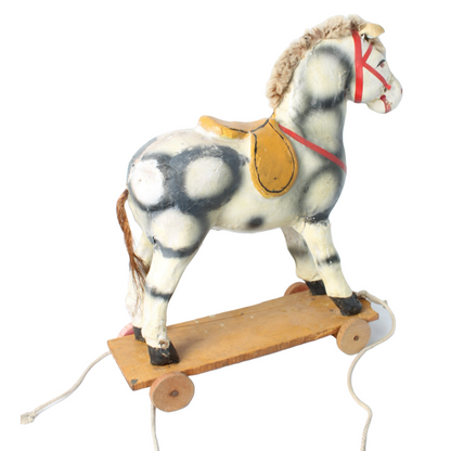 Antique Handcrafted Papier-Mâché Pull Horse on Wheels, French Toy, Circa 1900