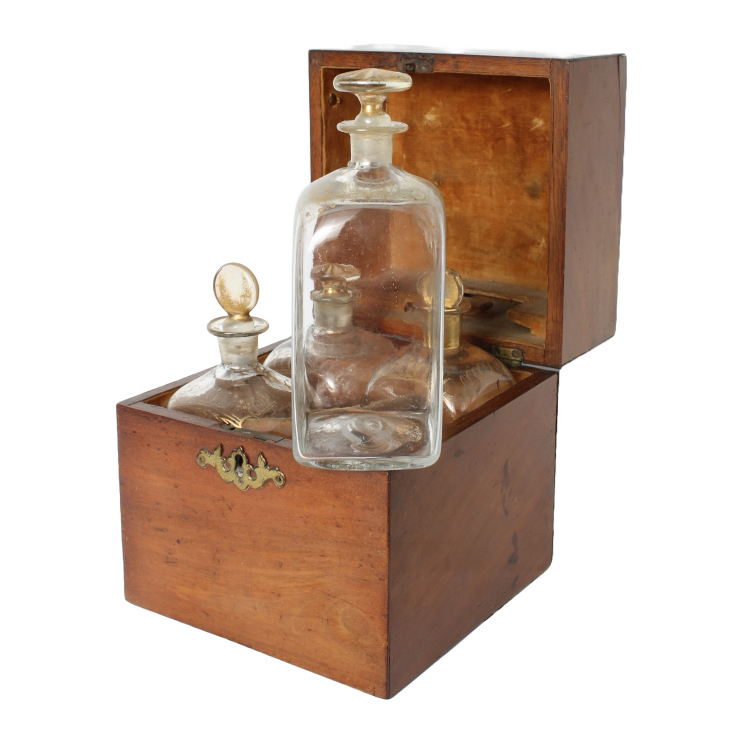 Antique Wooden Tantalus Liquor Box with Four Hand-Blown Decanters – ca. 1850