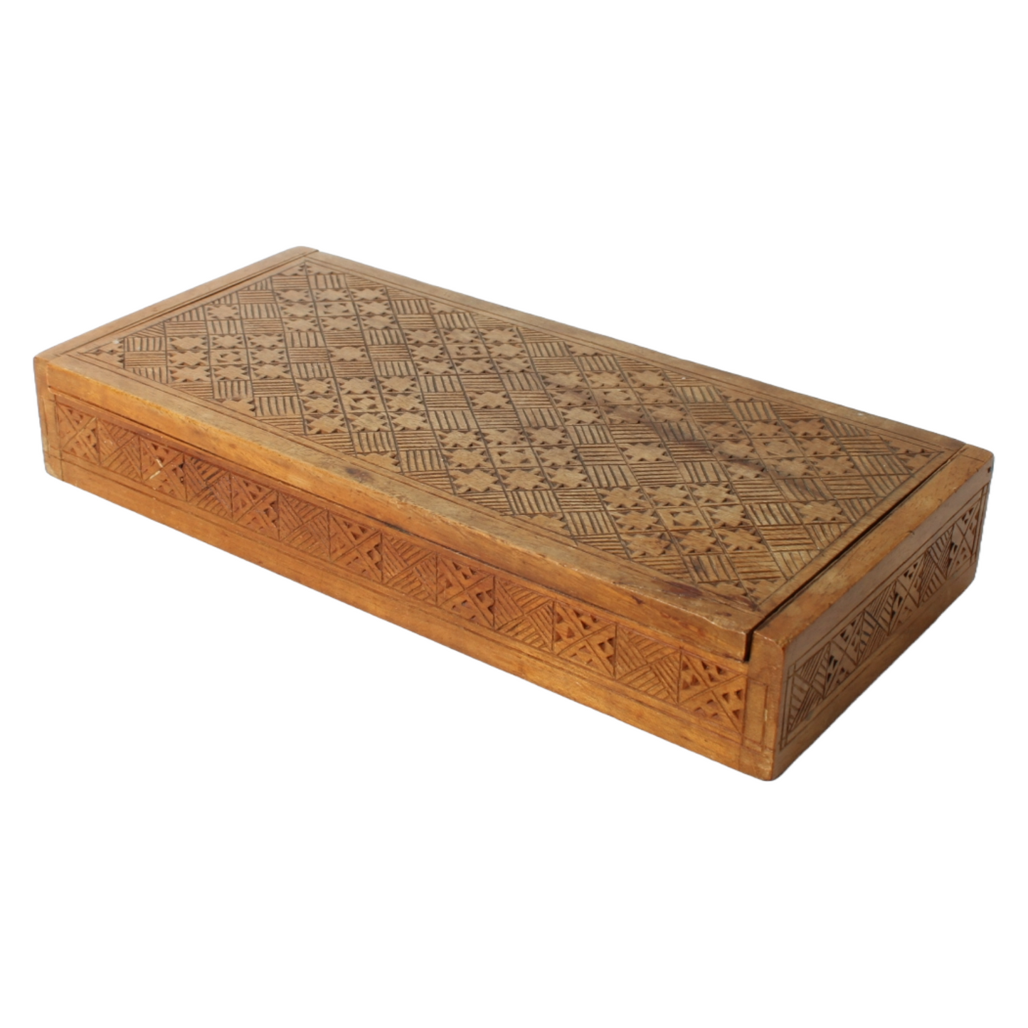Antique Wooden Storage Box – Hand-Carved Geometric Design – Decorative and Funct