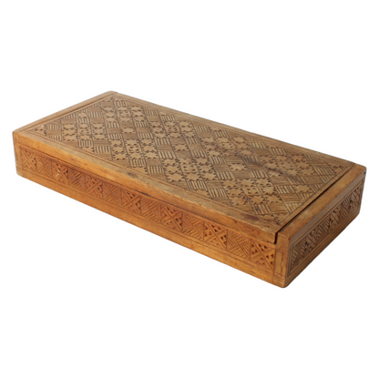Antique Wooden Storage Box – Hand-Carved Geometric Design – Decorative and Funct