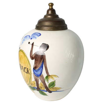 Hand-Painted Ceramic Tobacco Jar with Colonial Imagery and Brass Lid | "TABACK"