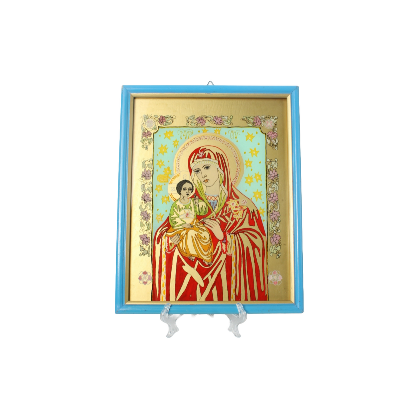 Hand-painted Orthodox Icon of Virgin Mary and Child, Vintage Religious Icon 24x3