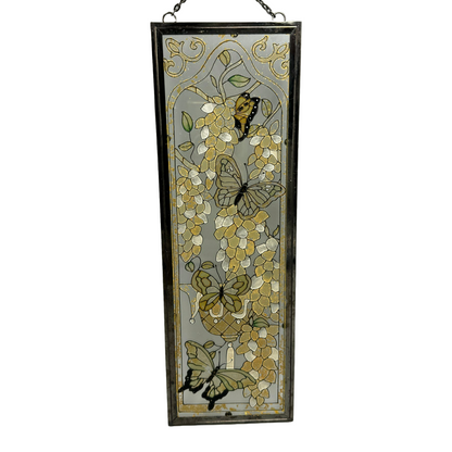 Vintage Hand-Painted Glass Panel, Butterfly and Floral Motif, Unique 1960s Artwo