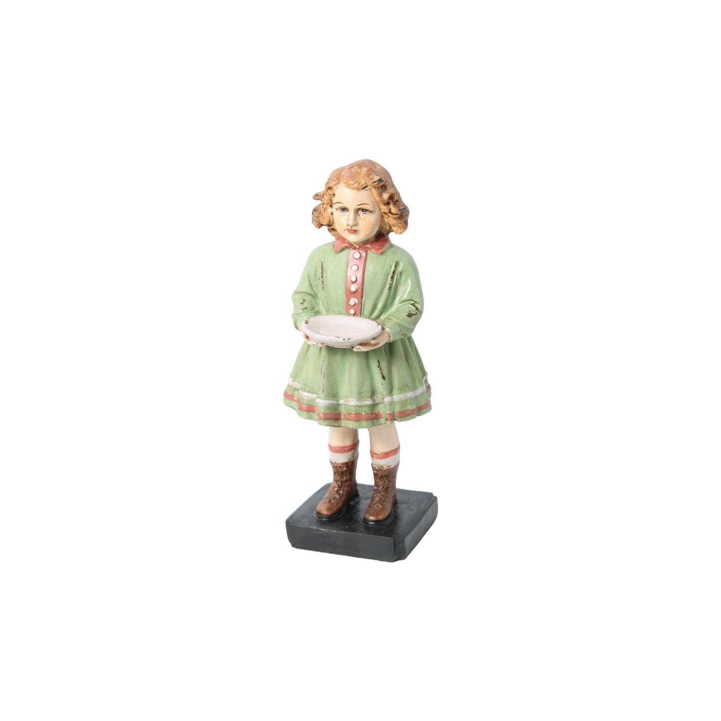 Nostalgic Hand-Painted Brocante Figurine of a Girl in a Green Dress with a Dish