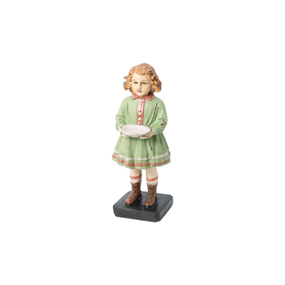 Nostalgic Hand-Painted Brocante Figurine of a Girl in a Green Dress with a Dish