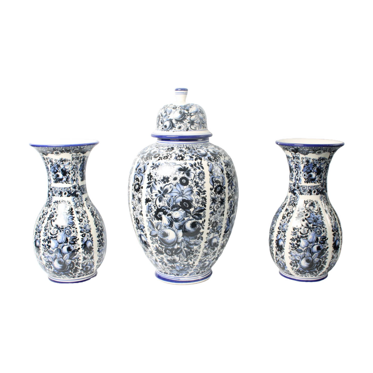 Set of Three Delft Blue Vases with Lidded Vase, Traditional Floral Motifs