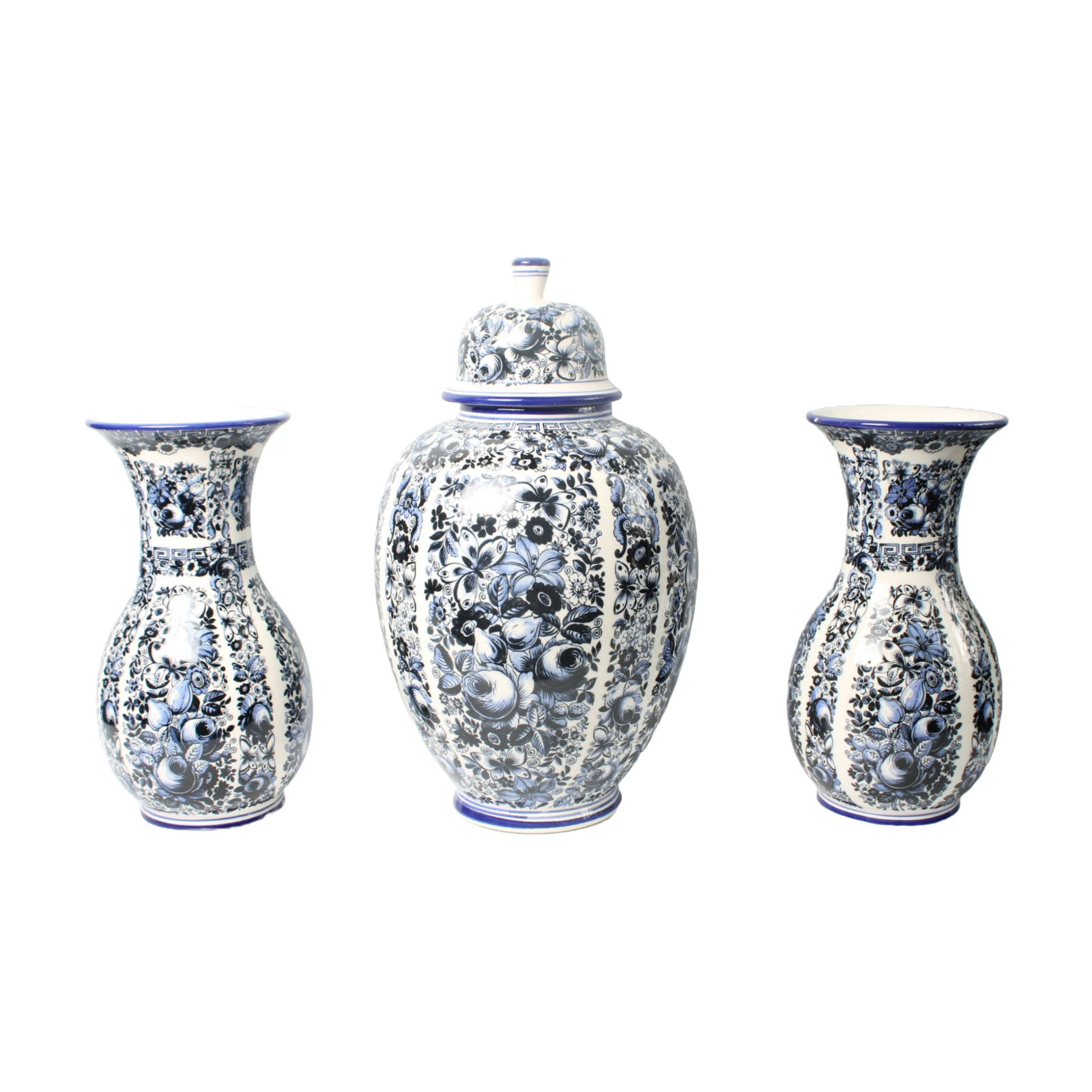 Set of Three Delft Blue Vases with Lidded Vase, Traditional Floral Motifs