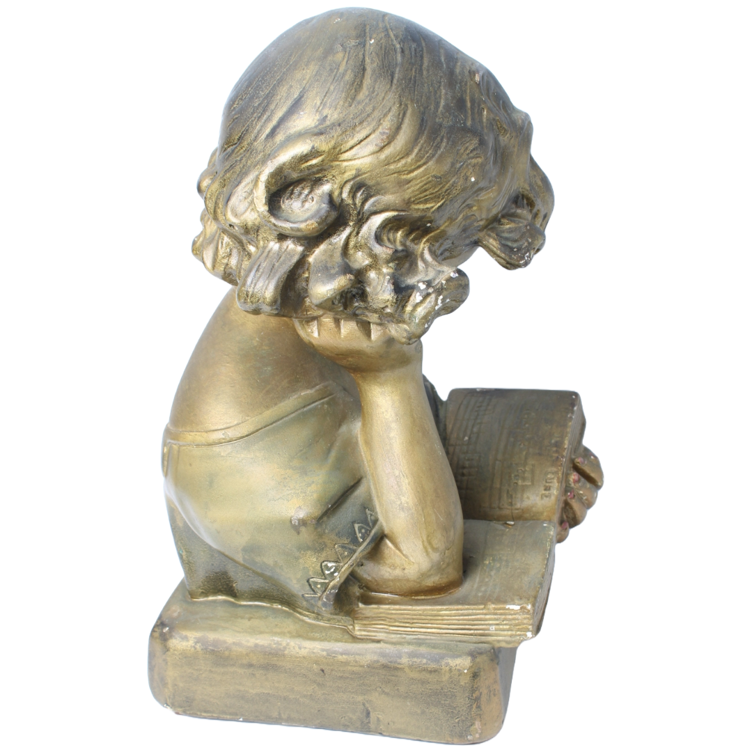 Antique Sculpture of Reading Girl ca. 1920-1940 | Gilded Plaster Composite |