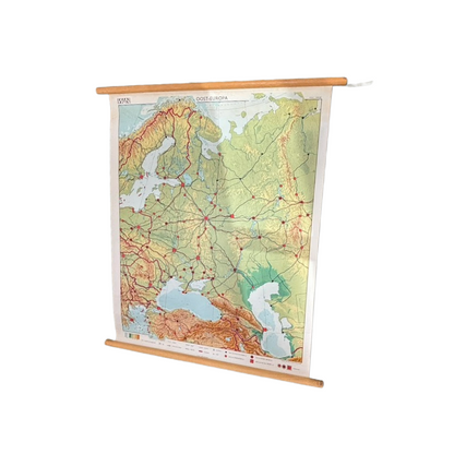 Vintage Eastern Europe School Map from 1970 on Canvas with Wooden Rods