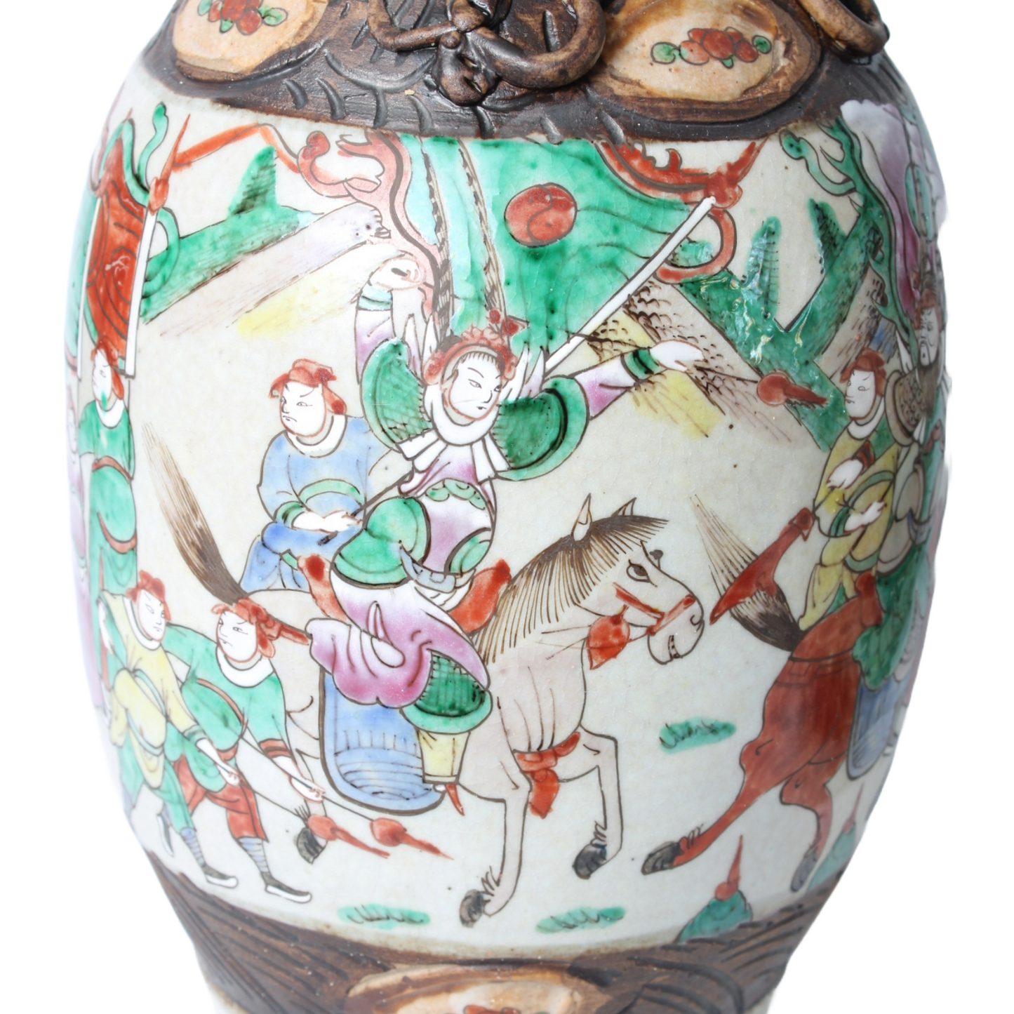 Rare Pair of Antique Chinese Temple Vases in Porcelain with Warrior and Relief