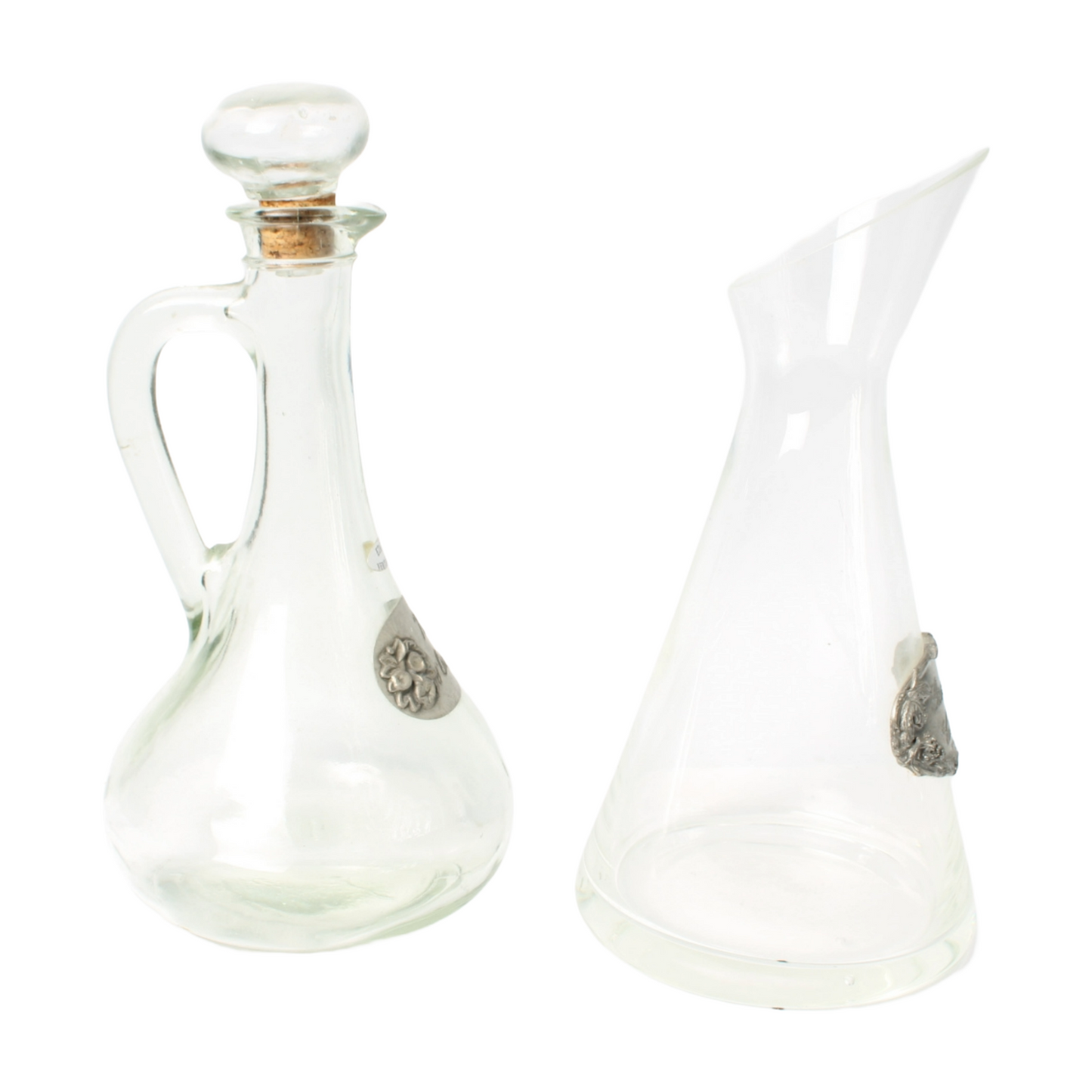 Set of Two Elegant French Carafes – Glass and Pewter – 30 cm and 28.5 cm