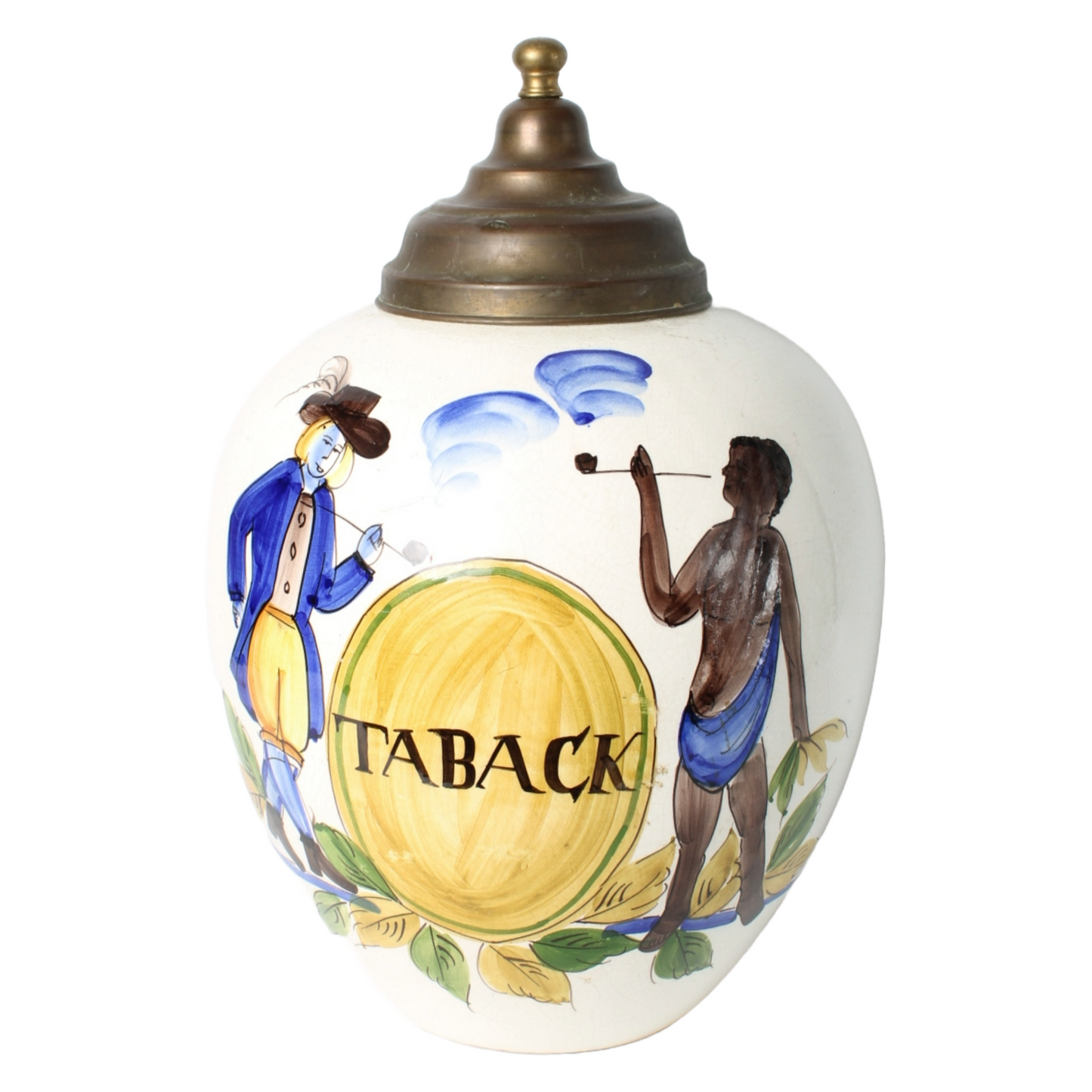 Hand-Painted Ceramic Tobacco Jar with Colonial Imagery and Brass Lid | "TABACK"