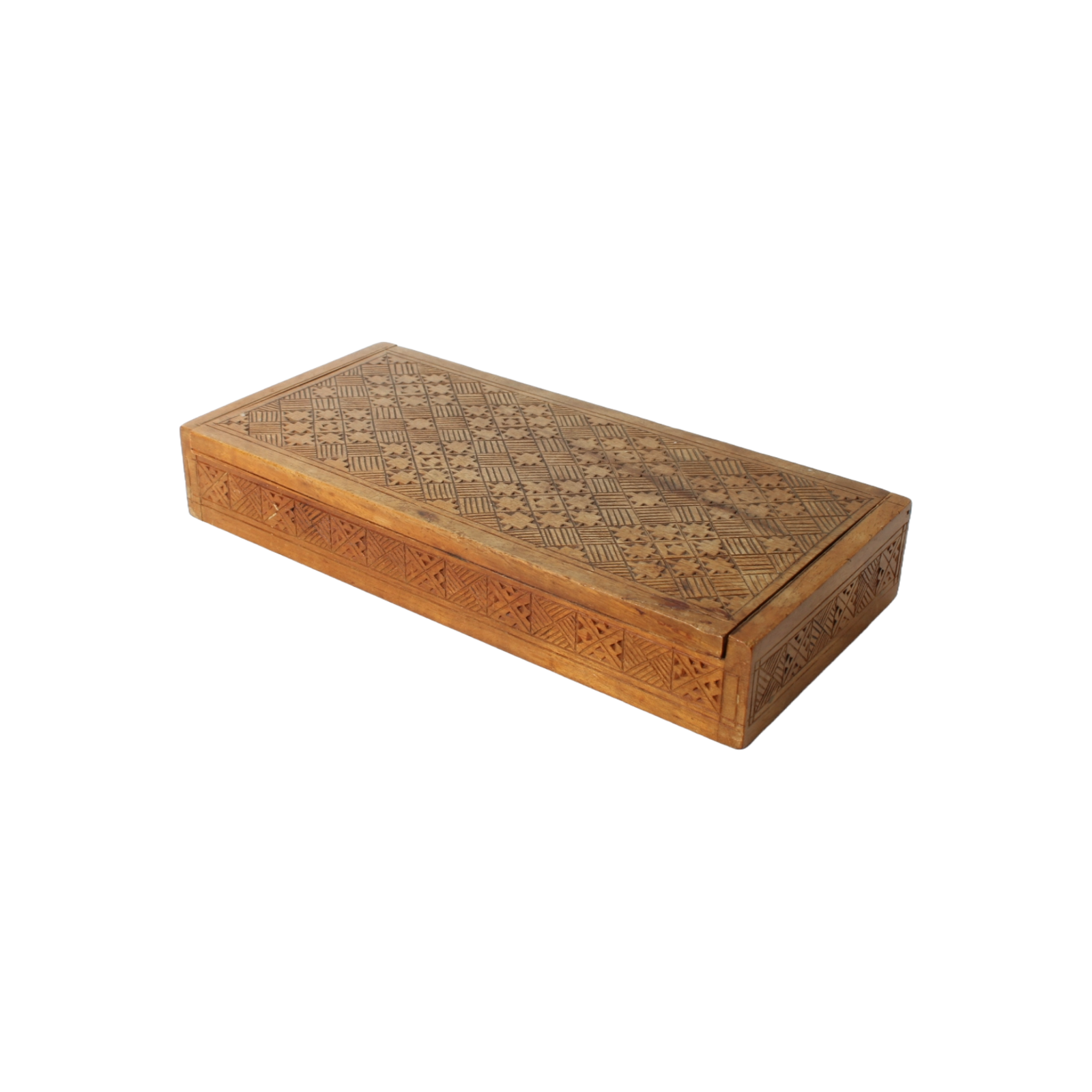 Antique Wooden Storage Box – Hand-Carved Geometric Design – Decorative and Funct
