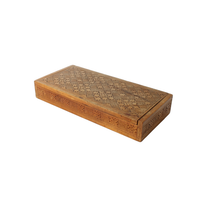 Antique Wooden Storage Box – Hand-Carved Geometric Design – Decorative and Funct