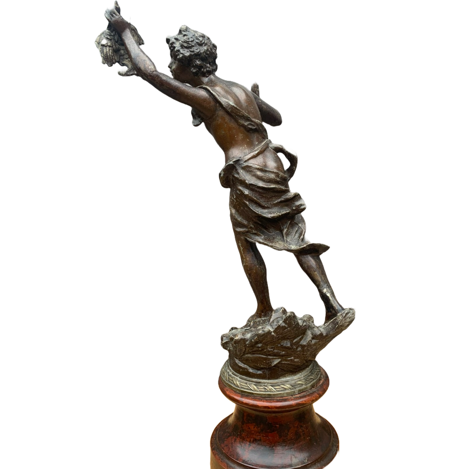 Antique French Bronze Sculpture "La Chasse", Early 1900s, Child with Hunting Bir