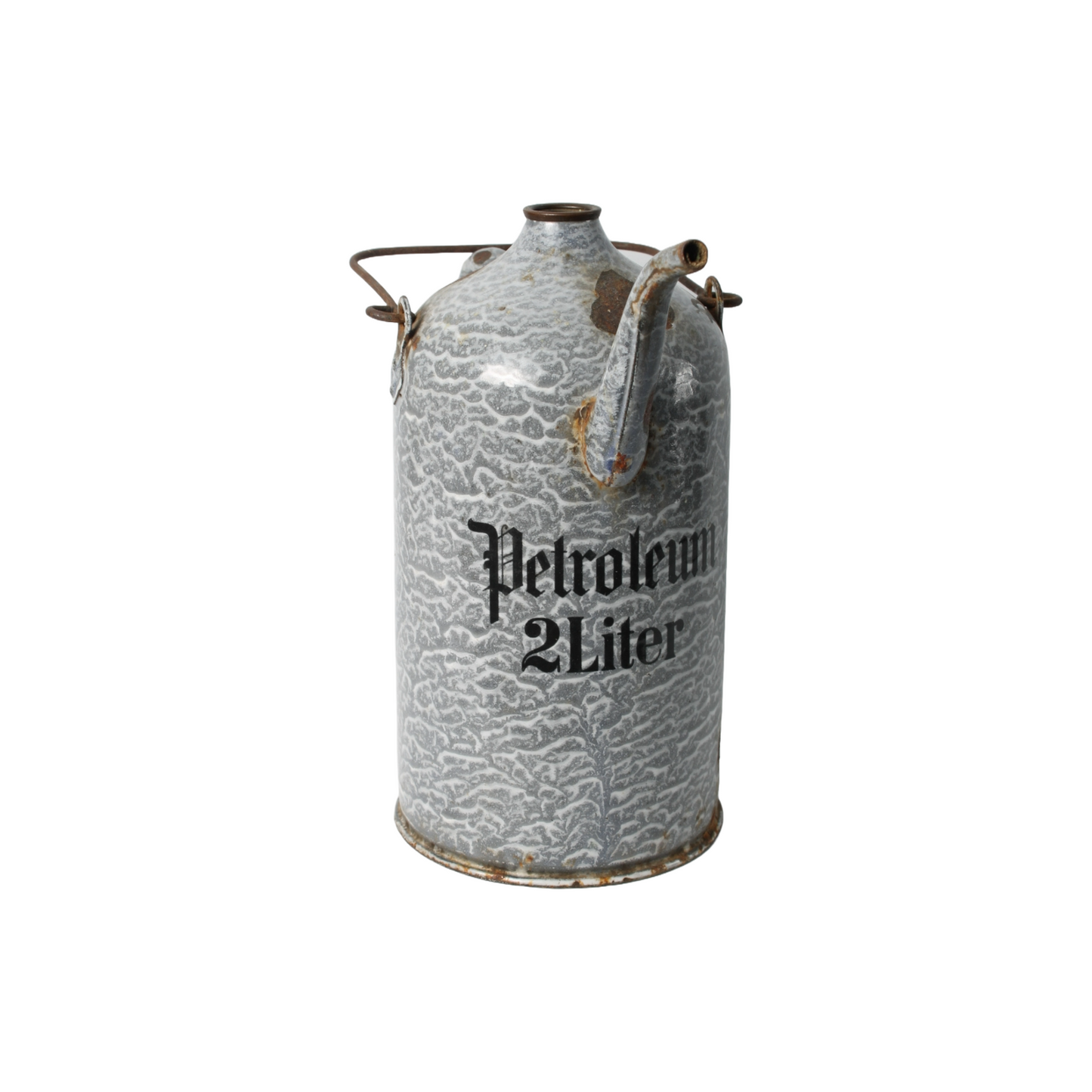 Vintage Enamel Petroleum Can 2 Liter, Gray Marbled Design, Early 20th Century