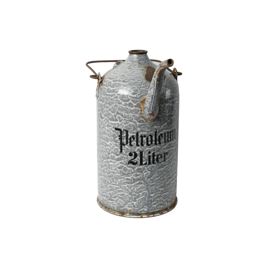 Vintage Enamel Petroleum Can 2 Liter, Gray Marbled Design, Early 20th Century