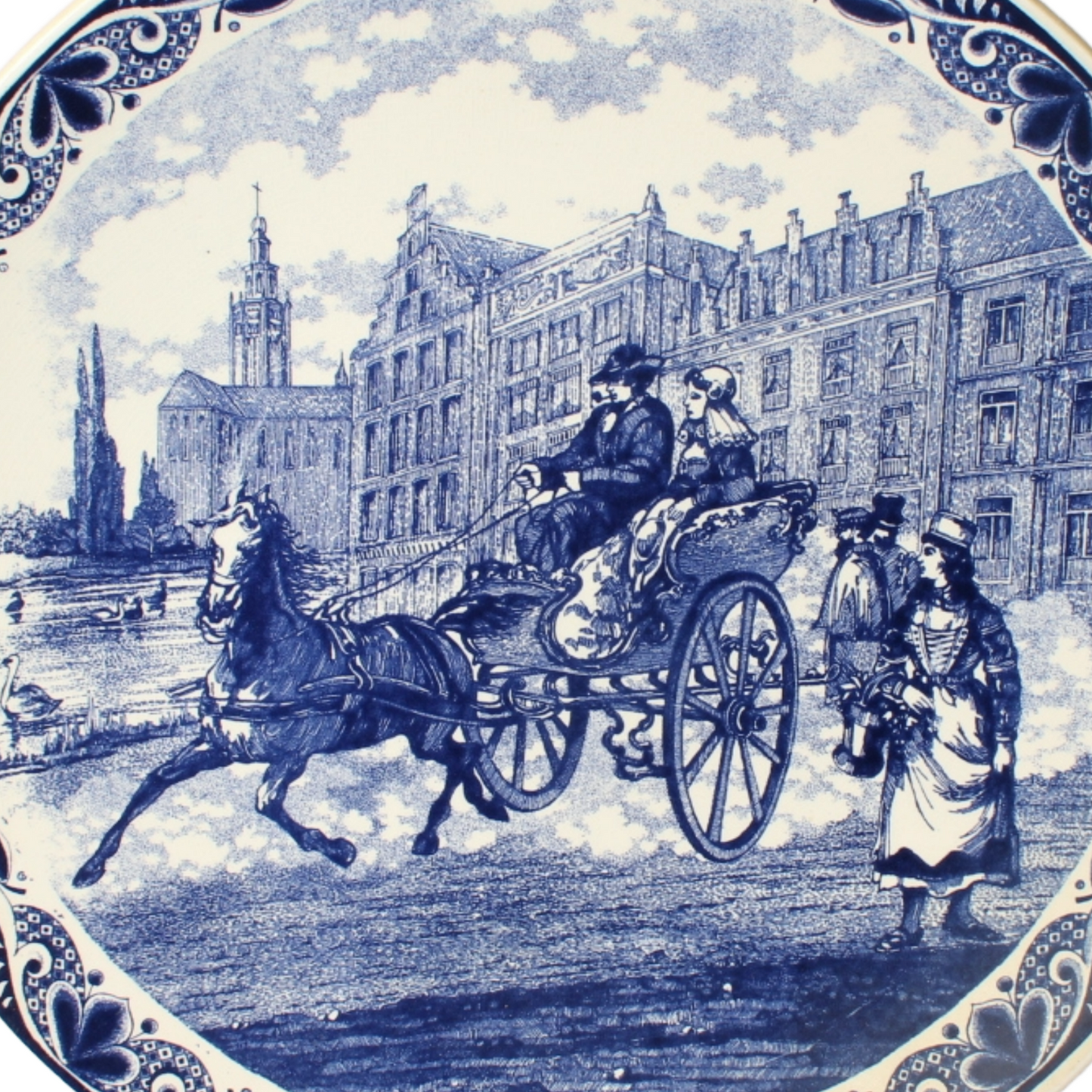 Large Hand-Painted Chemkefa Delft Blue Wall Plate - Horse & Carriage Scene, 38cm