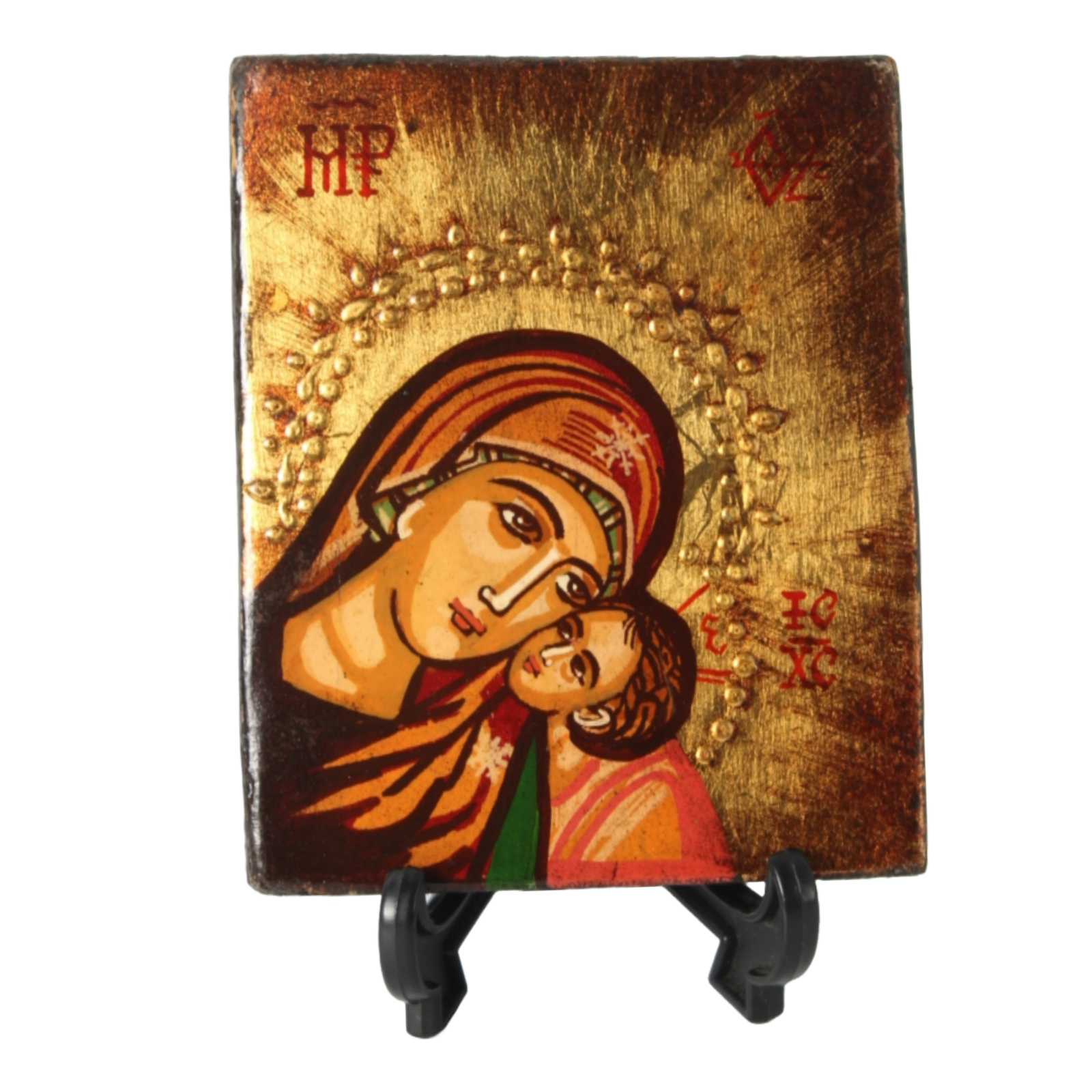 Hand-Painted Orthodox Icon of Virgin Mary and Child, Made in Romania, 12.5x10 cm