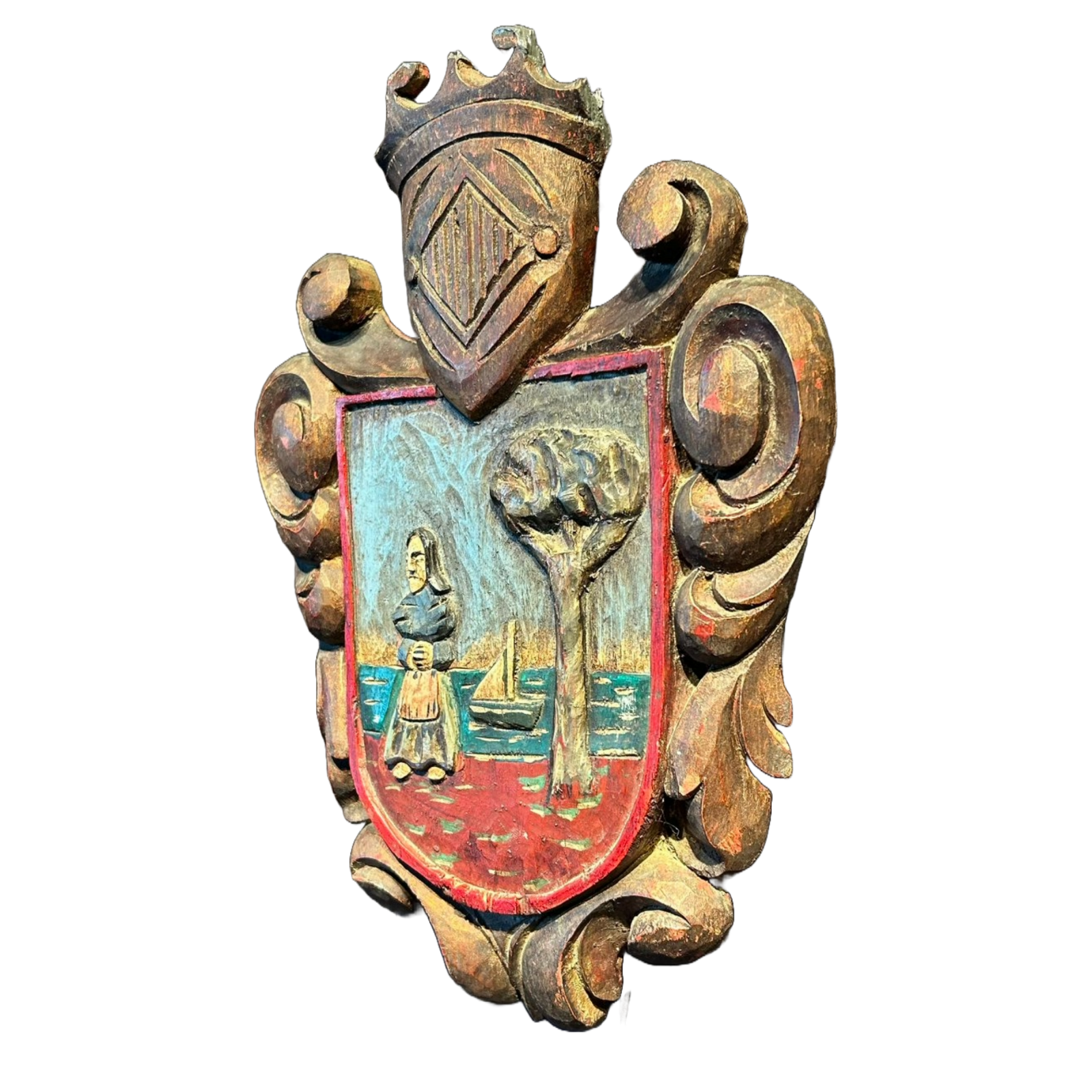 Handmade Italian Polychrome Wooden Shield, 1960s Decorative Wall Plaque,