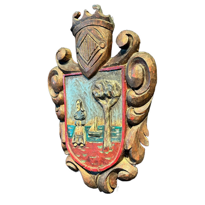 Handmade Italian Polychrome Wooden Shield, 1960s Decorative Wall Plaque,
