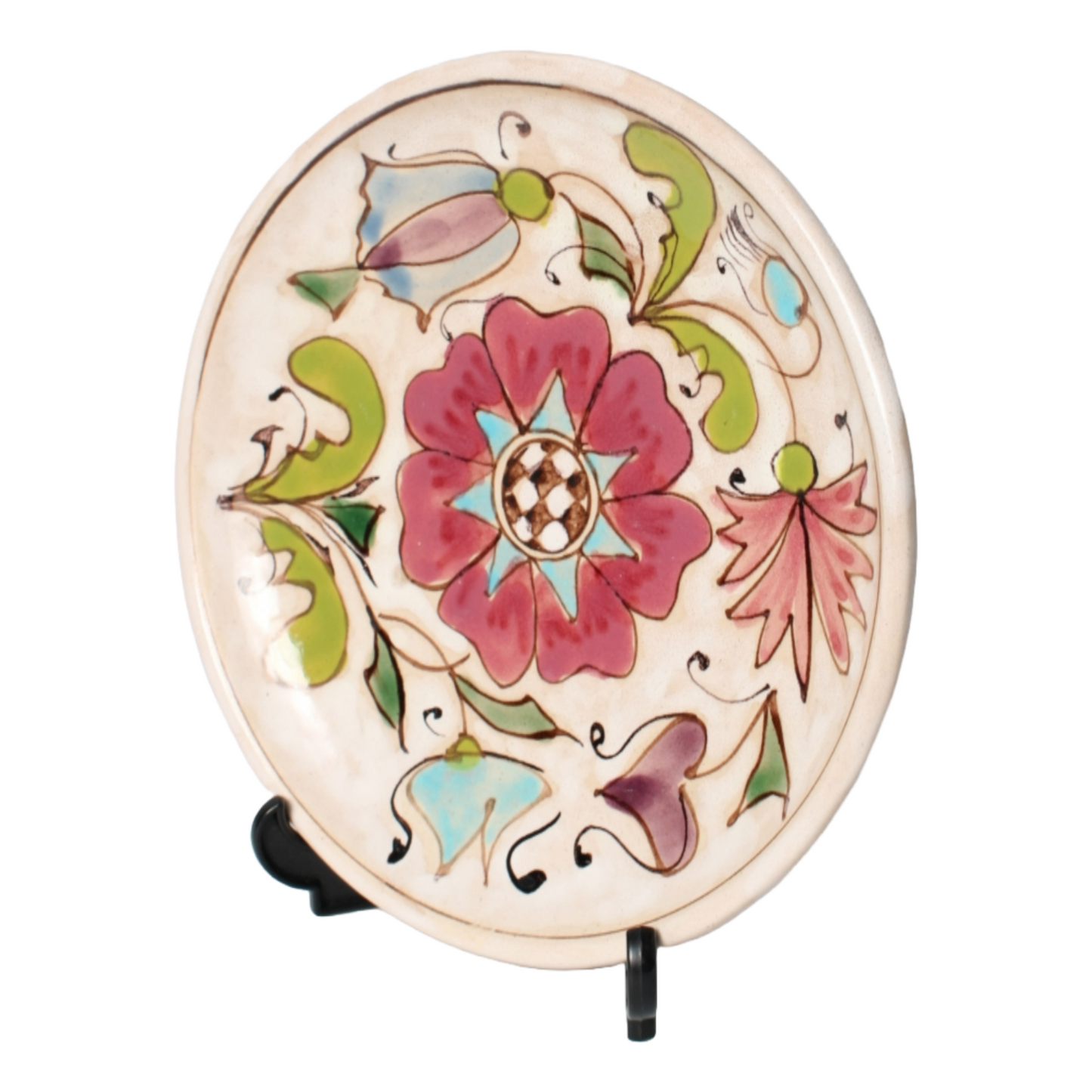 Hand-Painted Ceramic Plate by Kunstkeramik Meran, Floral Design, 1950s Italian
