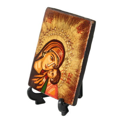 Hand-Painted Orthodox Icon of Virgin Mary and Child, Made in Romania, 12.5x10 cm