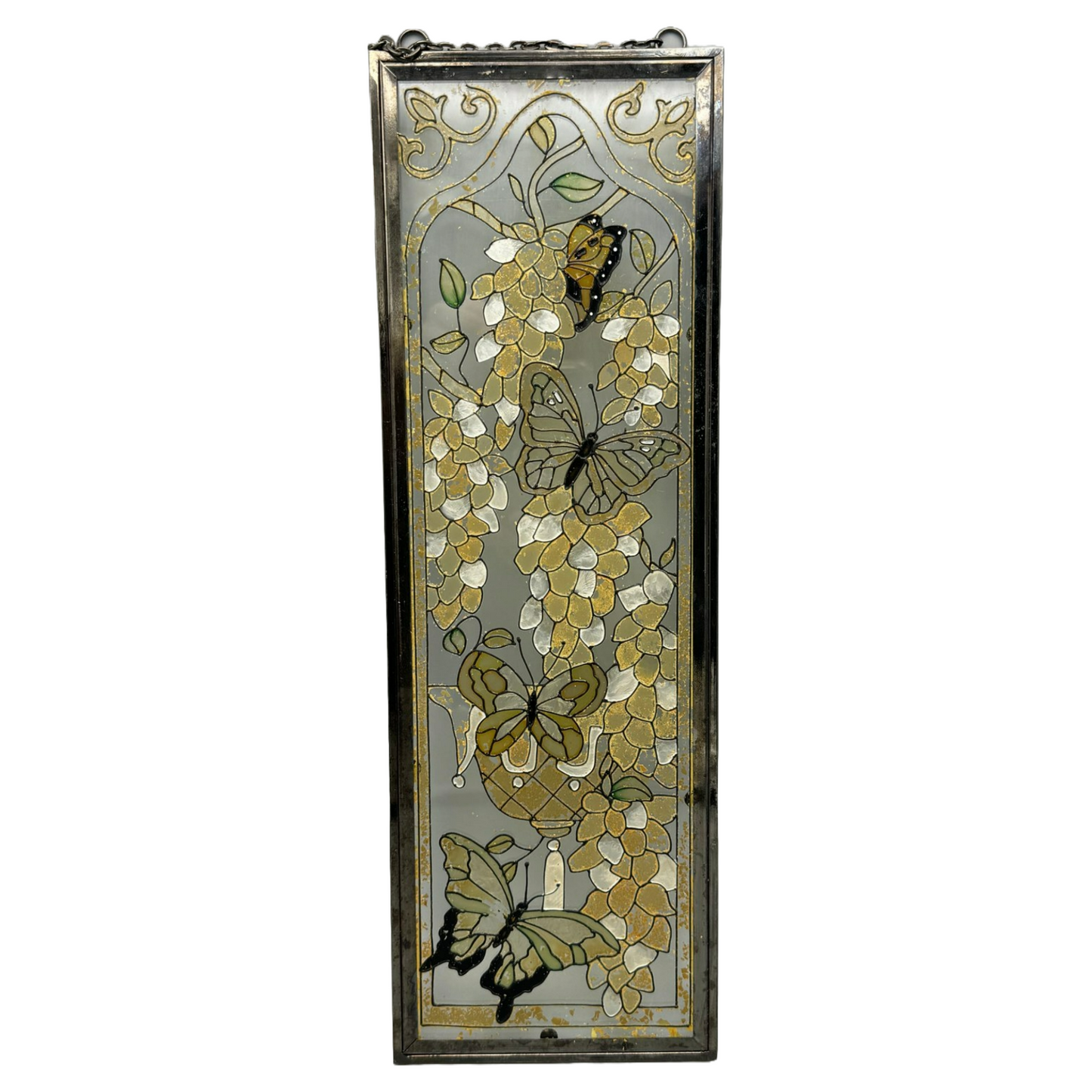 Vintage Hand-Painted Glass Panel, Butterfly and Floral Motif, Unique 1960s Artwo