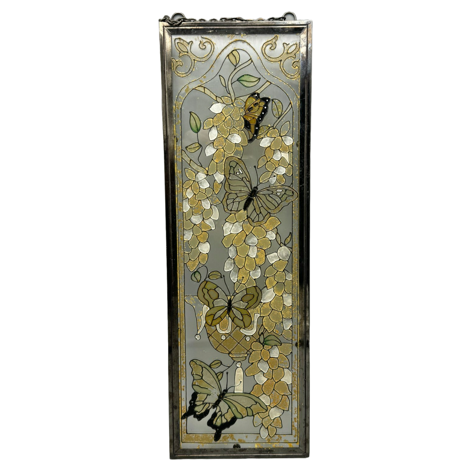Vintage Hand-Painted Glass Panel, Butterfly and Floral Motif, Unique 1960s Artwo
