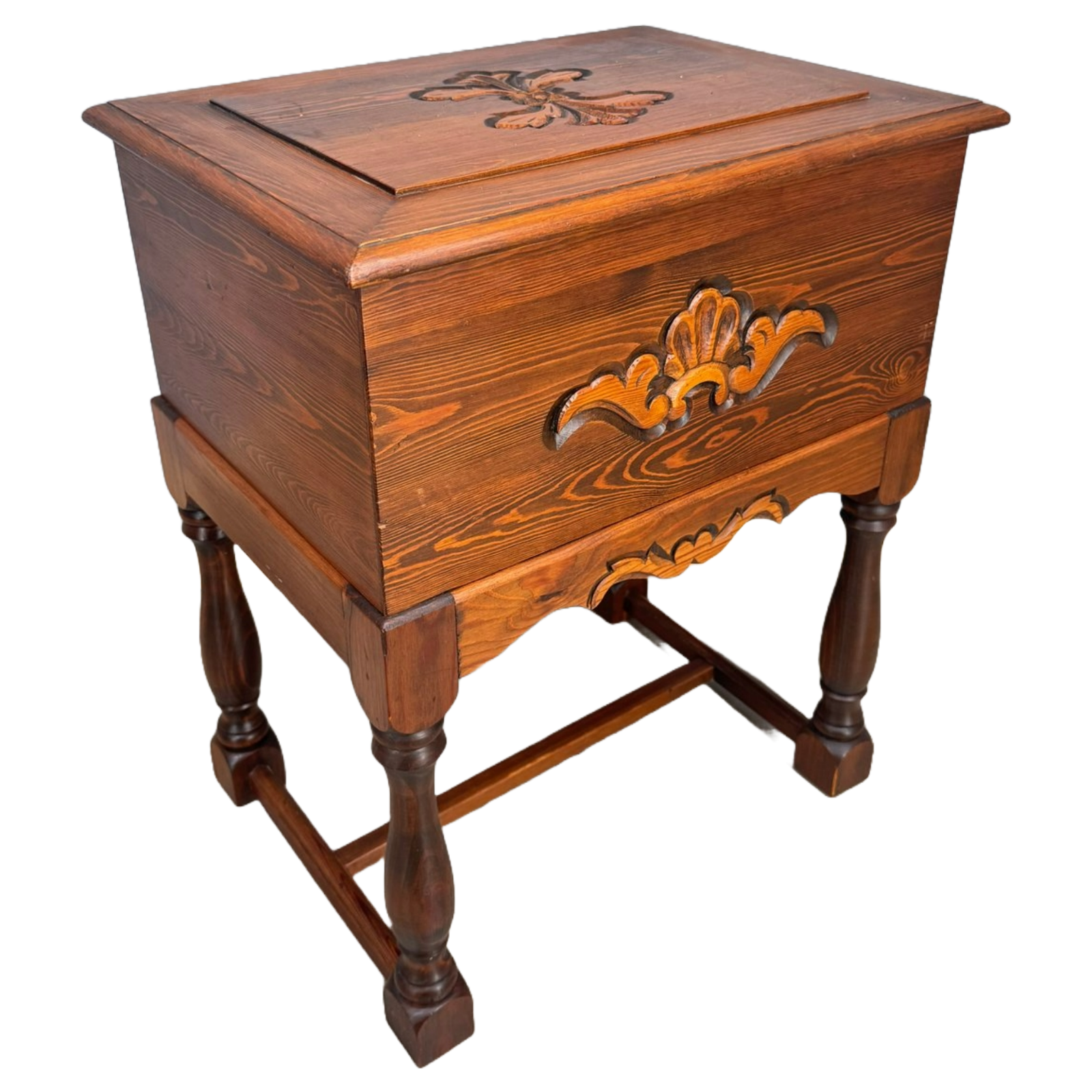 Vintage Scandinavian Sewing Chest on Legs with Hand-Carved Details