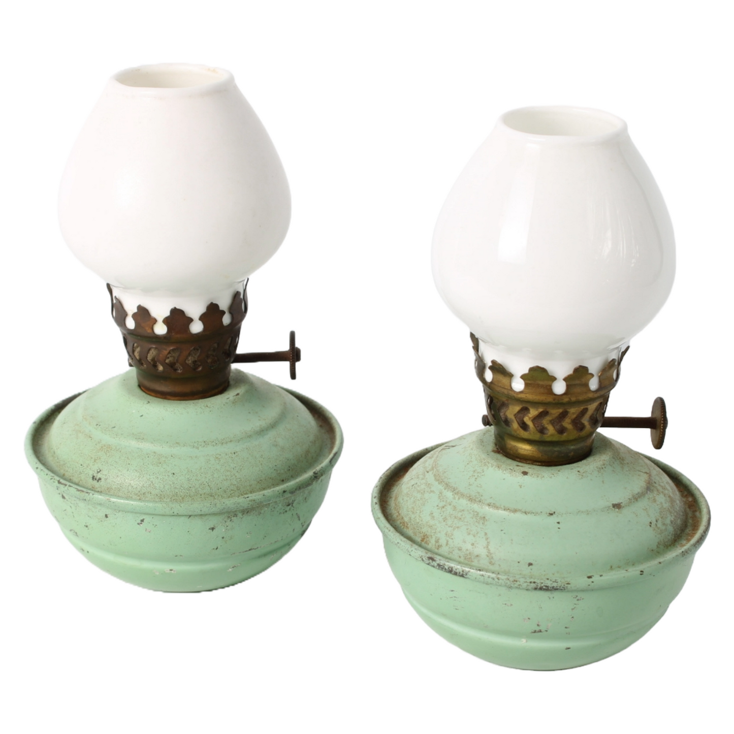 Vintage English Oil Lamp Set – Green Metal Kerosene Lamps with Brass Burner