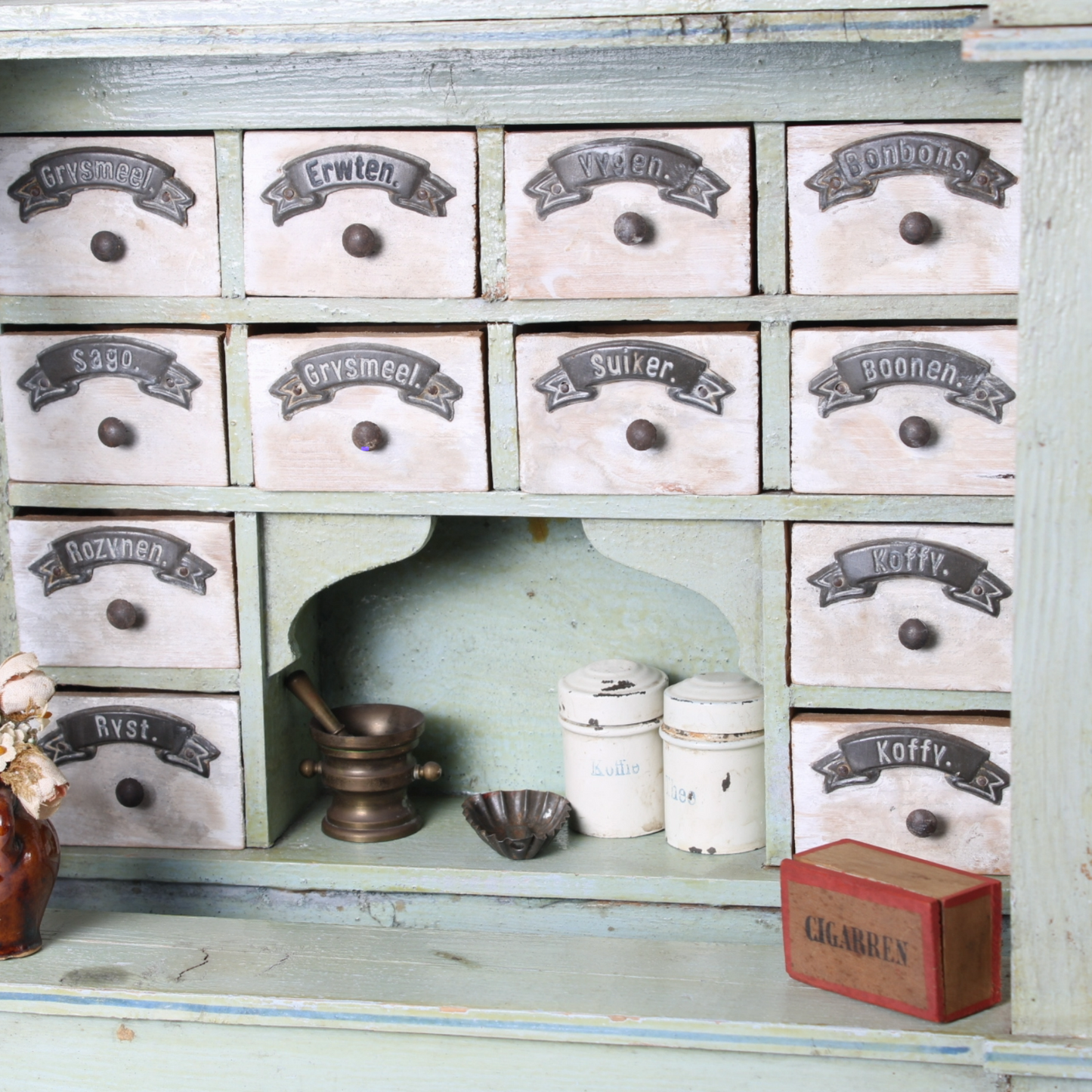 Antique Wooden Toy Grocery Store ca. 1900 with Original Drawers, Tins and Labels