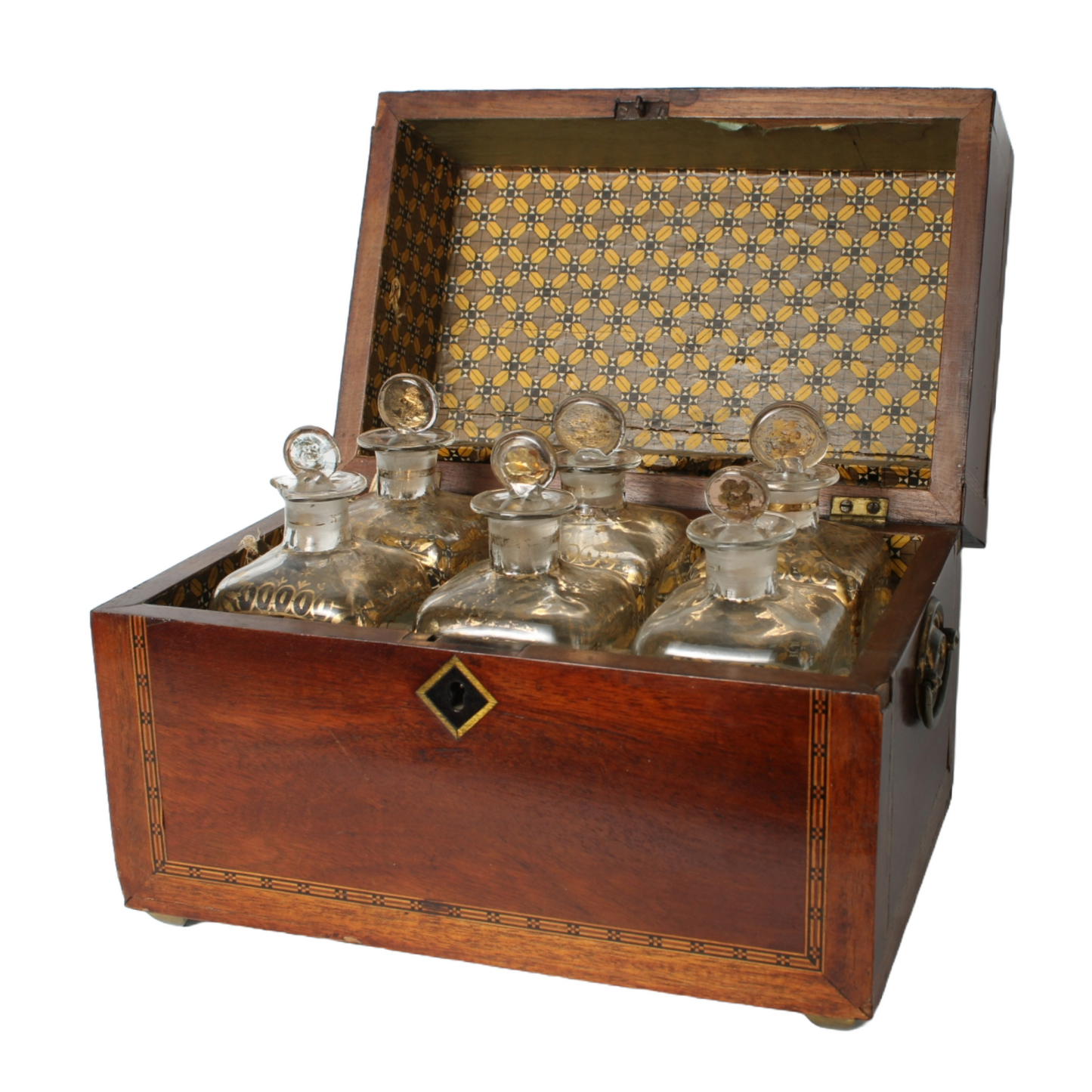 Antique mahogany liquor chest with six hand-blown gilded glass decanters