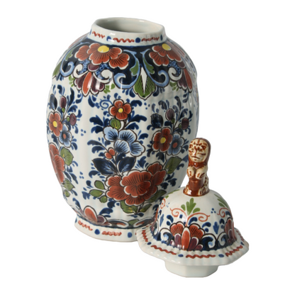 Hand-Painted Delft Blue Vase with Lid, Floral Design, Traditional Dutch Pottery