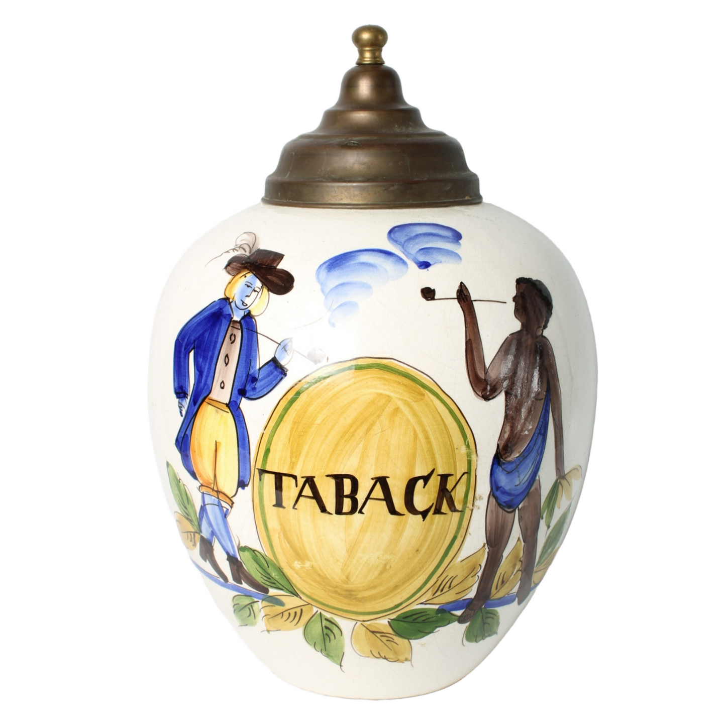 Hand-Painted Ceramic Tobacco Jar with Colonial Imagery and Brass Lid | "TABACK"