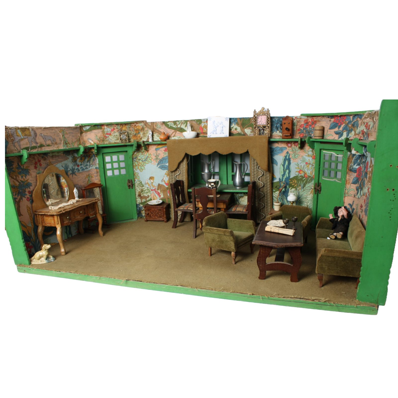 Antique Green Dollhouse Room ca. 1935–1950 | Detailed Miniature Living Room