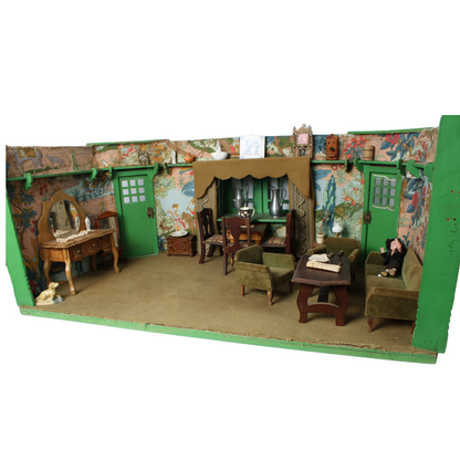 Antique Green Dollhouse Room ca. 1935–1950 | Detailed Miniature Living Room