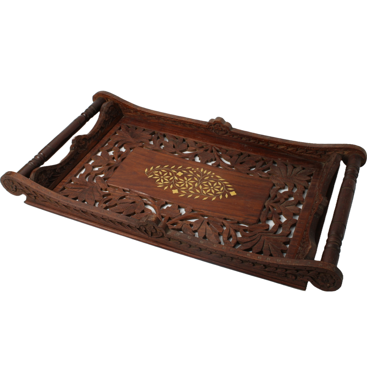 Handmade Indian Wooden Tray with Brass Inlay, Intricate Floral Carving, Decorati