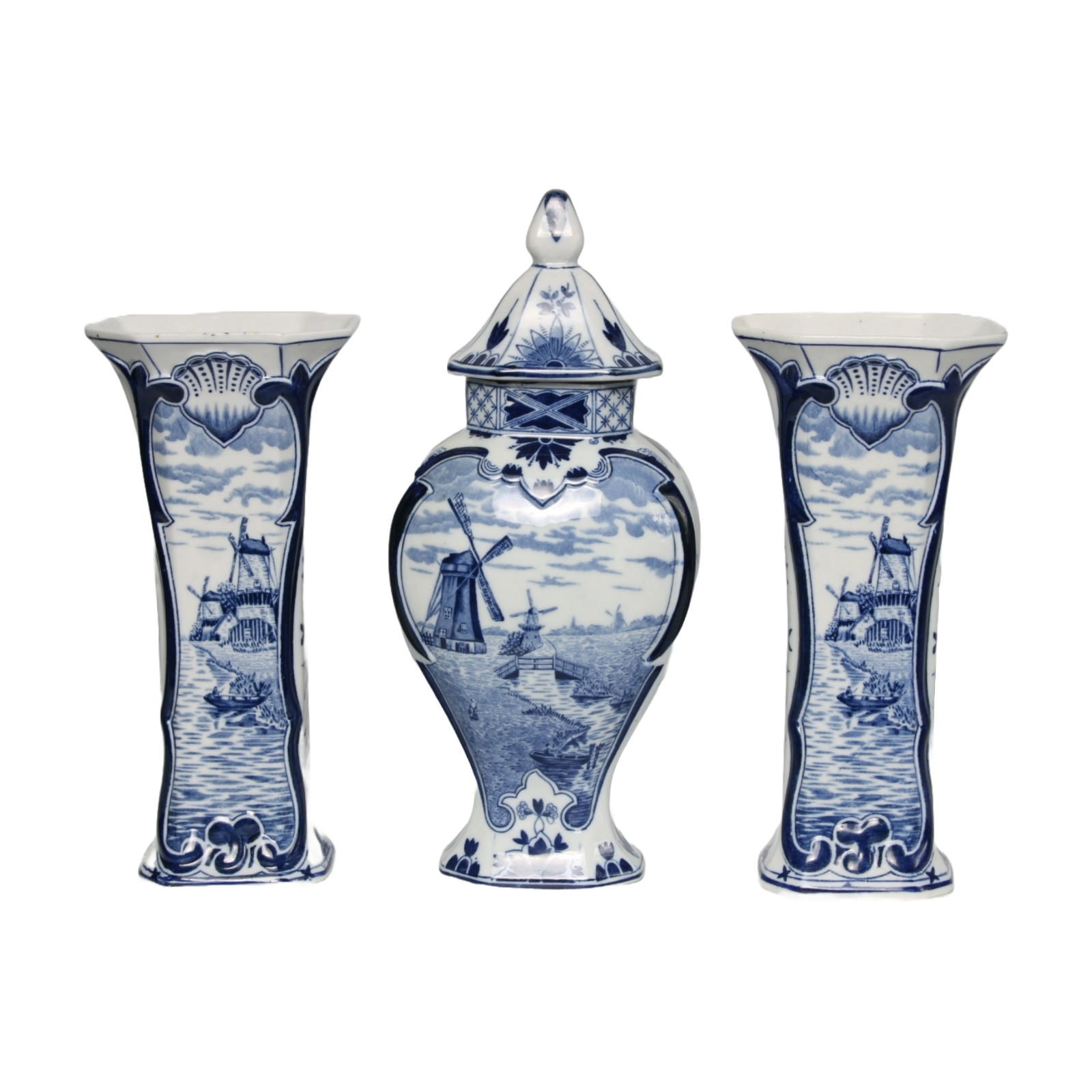 Beautiful 1950s Delft Blue Garniture Set - Set of 3 Pieces