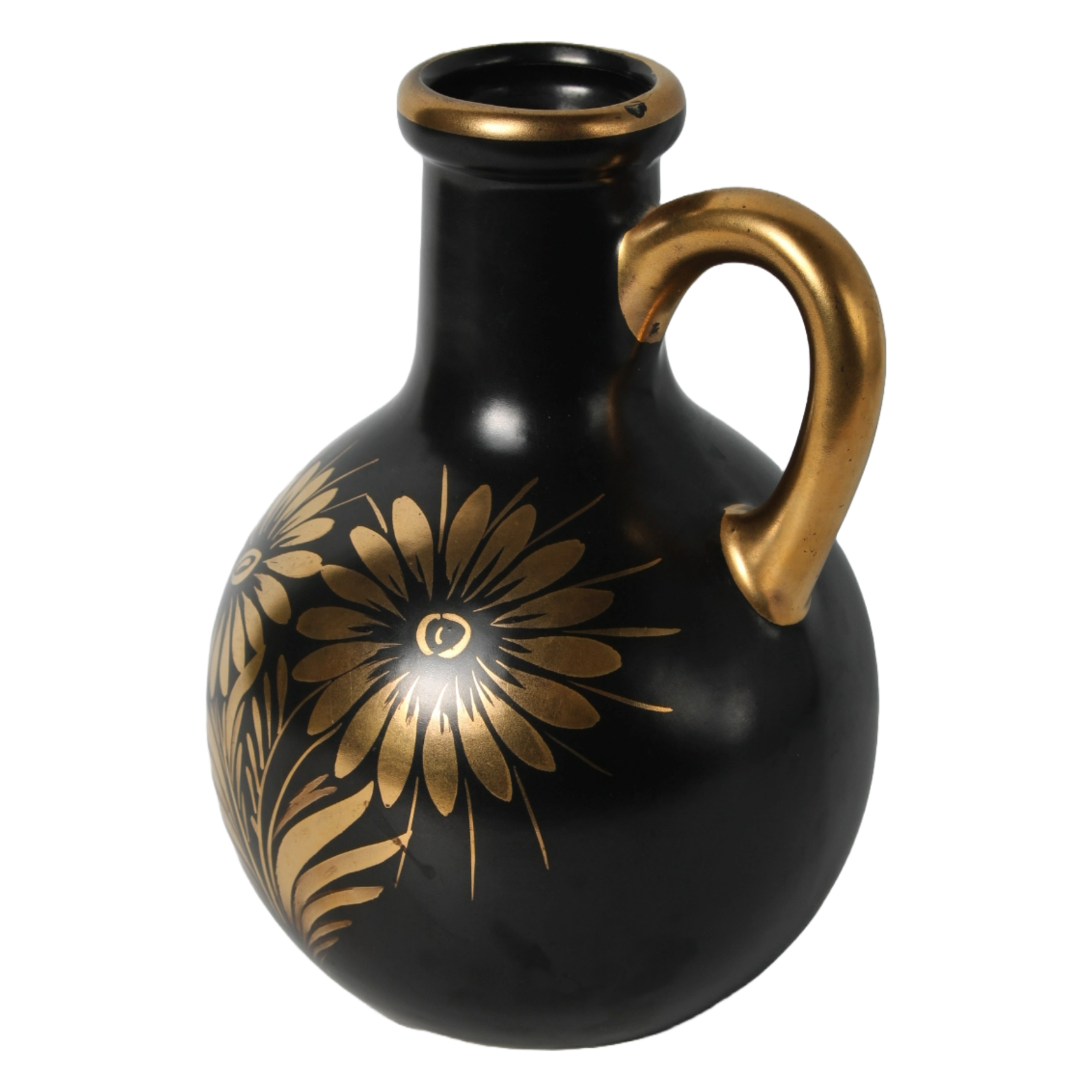 Decorative Black Ceramic Jug with Gold Floral Motifs