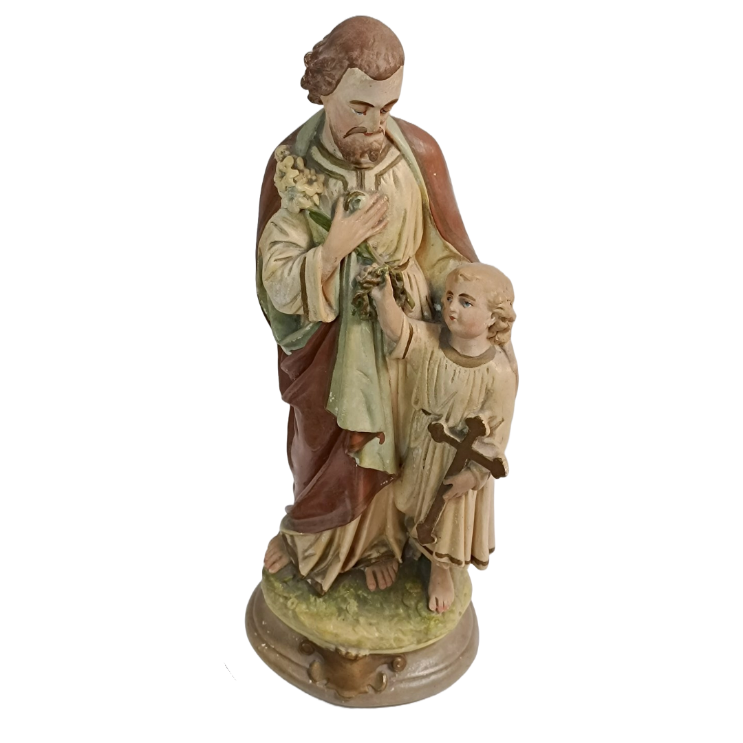 17" Tall Religious Antique Painted Plaster Statue/Sculpture of Jesus & St Joseph
