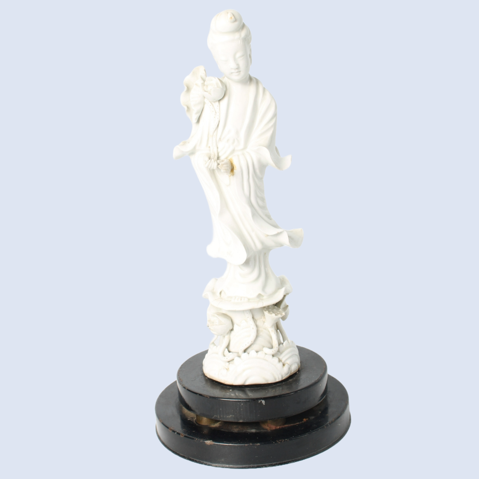 White Porcelain Guanyin Figure on Wooden Base, ca. 1920–1940, Blanc de Chine