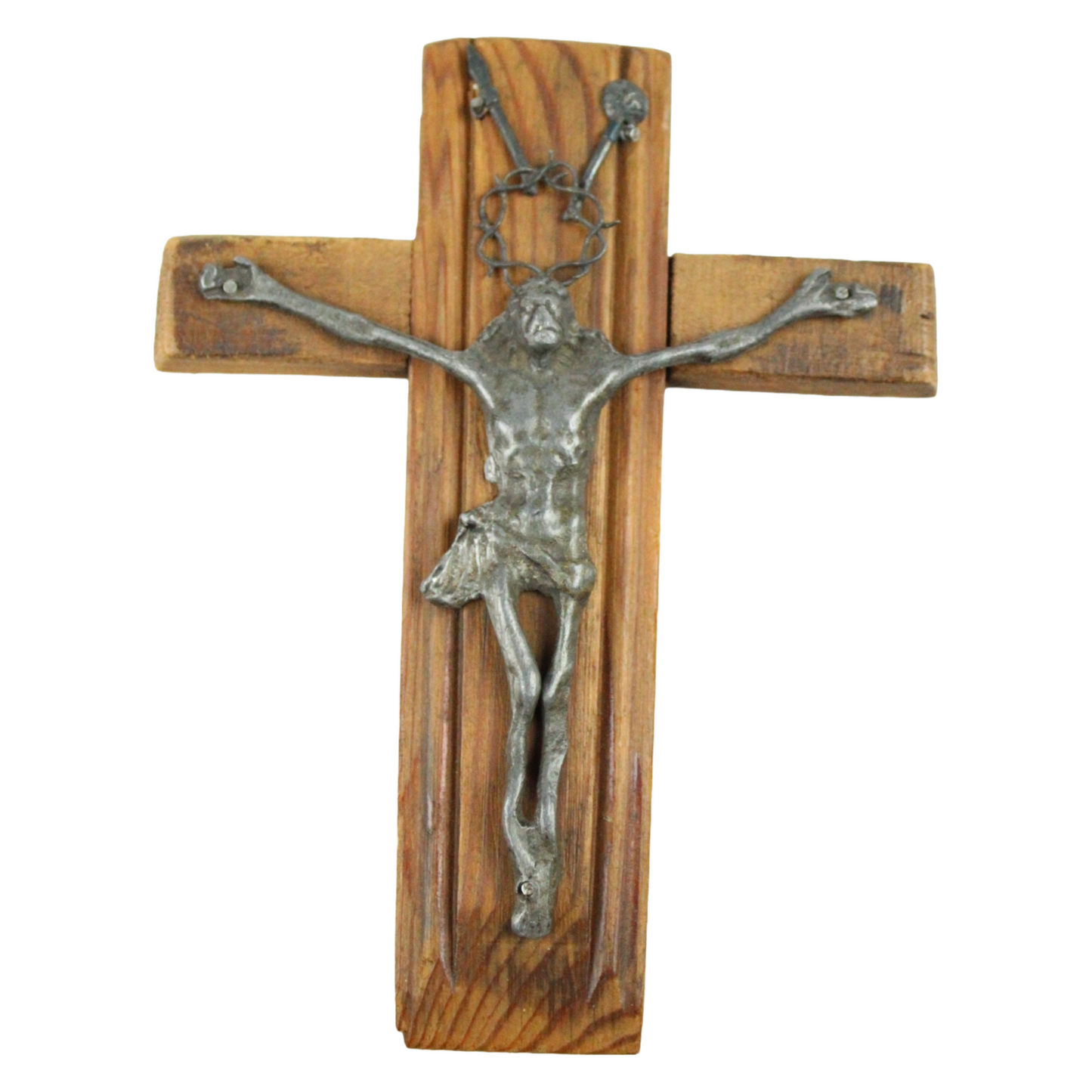 Rustic Wooden Crucifix with Cast Metal Corpus – Folk Devotional Cross (ca. 1920–1950)