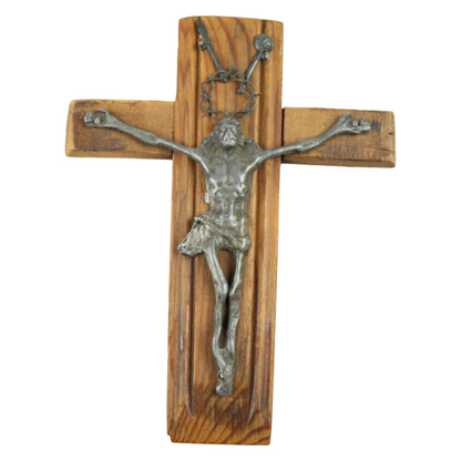 Rustic Wooden Crucifix with Cast Metal Corpus – Folk Devotional Cross (ca. 1920–1950)