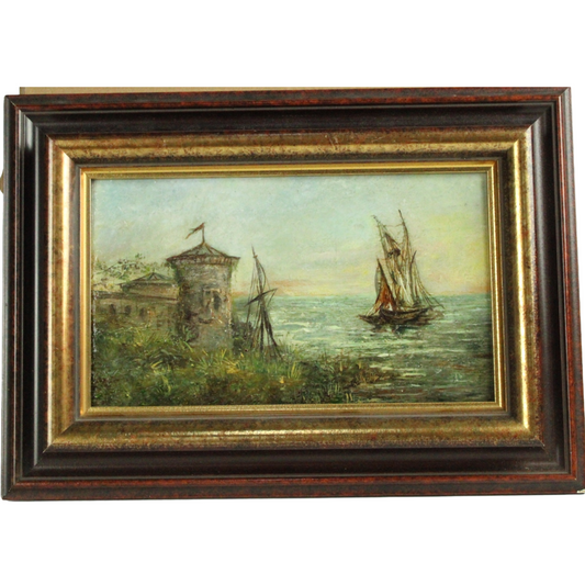 Antique Maritime Oil Painting on Panel – Sailing Ship Coastal Scene (c. 1880–1910)