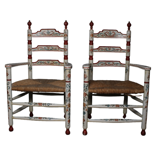 Pair of Hand-Painted Ladderback Armchairs with Rush Seats, Mid-20th Century