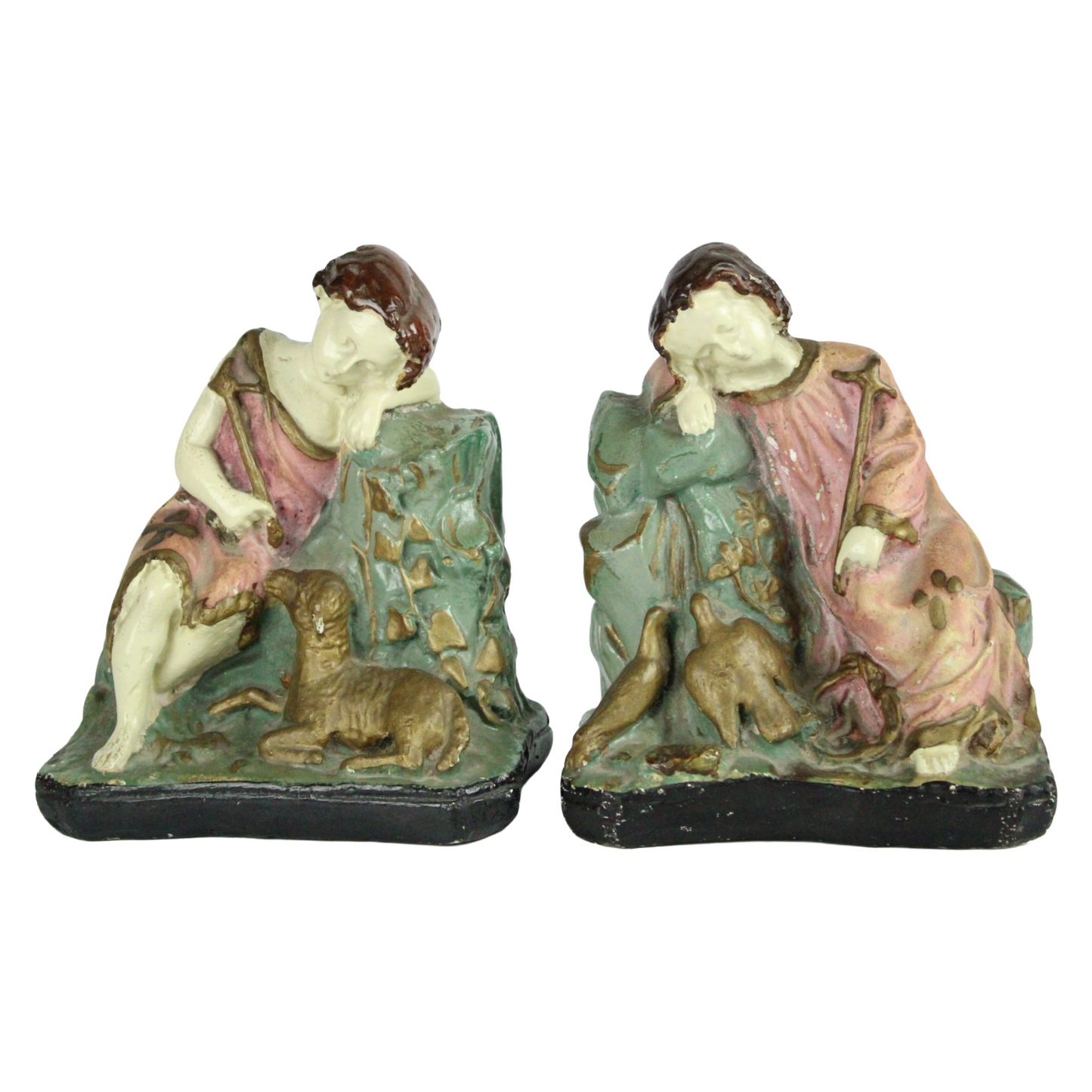 Pair of Vintage Nativity Shepherd Figures – Polychrome Religious Statues (c. 1920–1950)