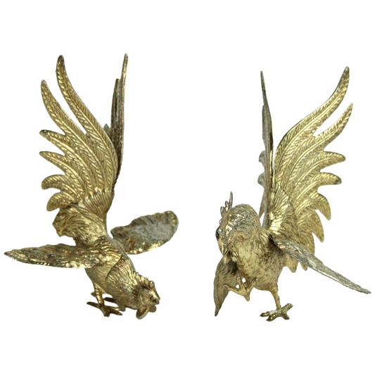 Pair of Mid-Century Brass Rooster Sculptures – Standing & Flying Models (c. 1960–1980)