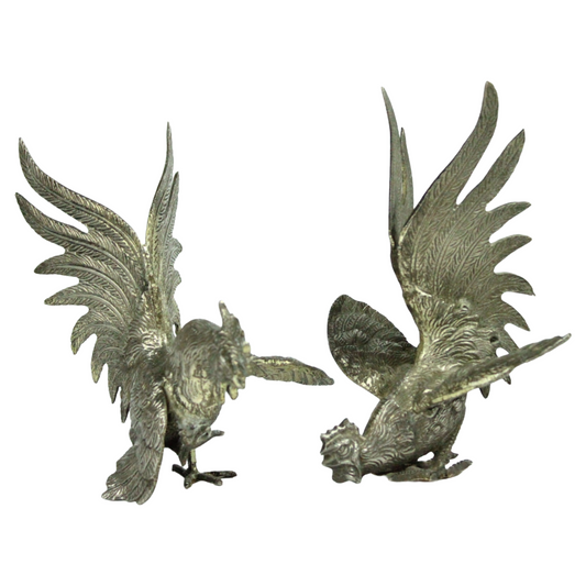 Pair of Mid-Century Cast Metal Roosters – Hollywood Regency Style (c. 1950–1975)